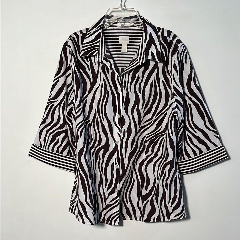CHICO'S Brunch Career City 100% Cotton Brown/White Zebra 3/4 Stripe Cuff Top XL